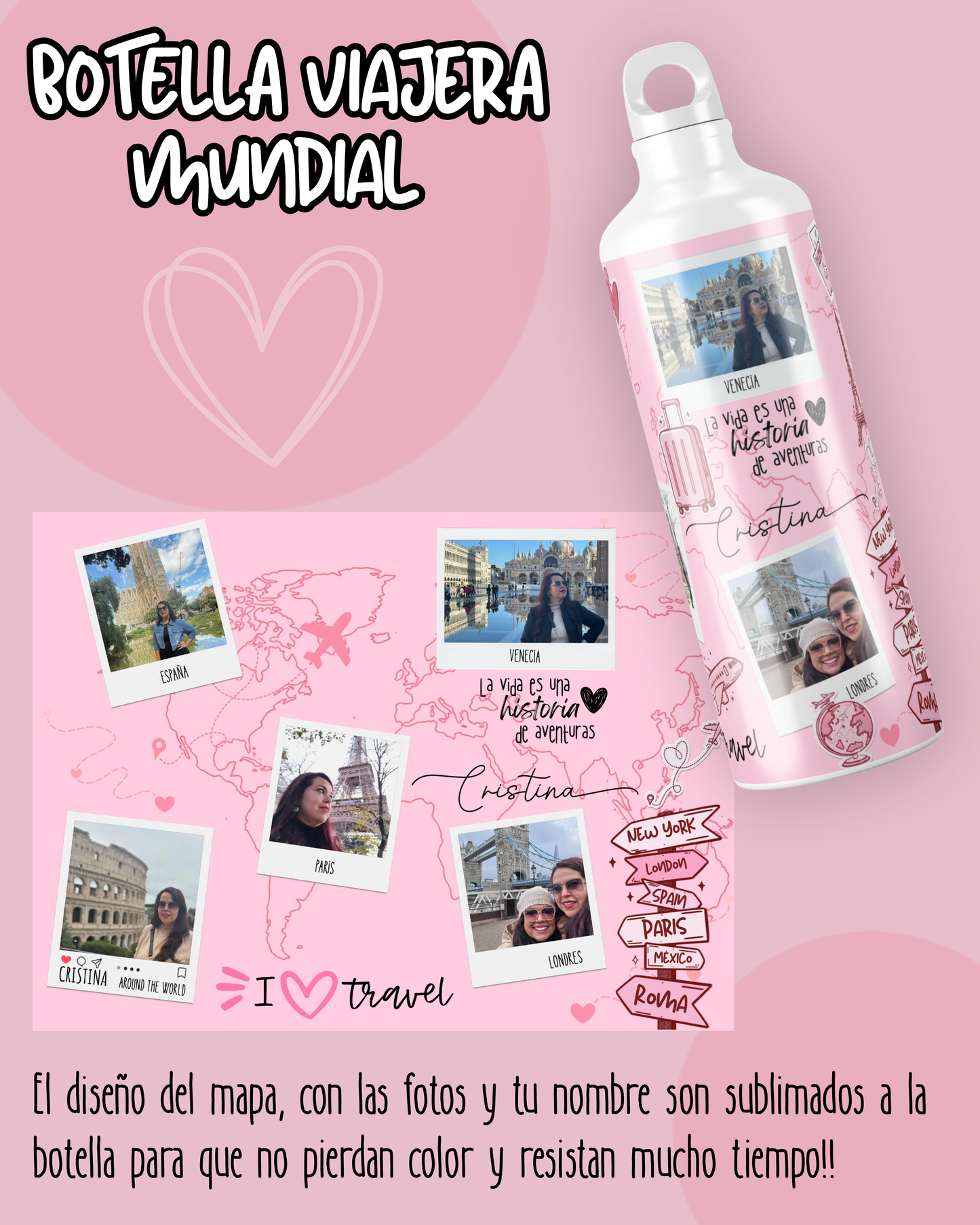botella viajera personalizada regalo amantes de los viajes viajeros por el mundo personalizado con color nombre fotos de viajes el regalo perfecto para tu espiritu viajero
