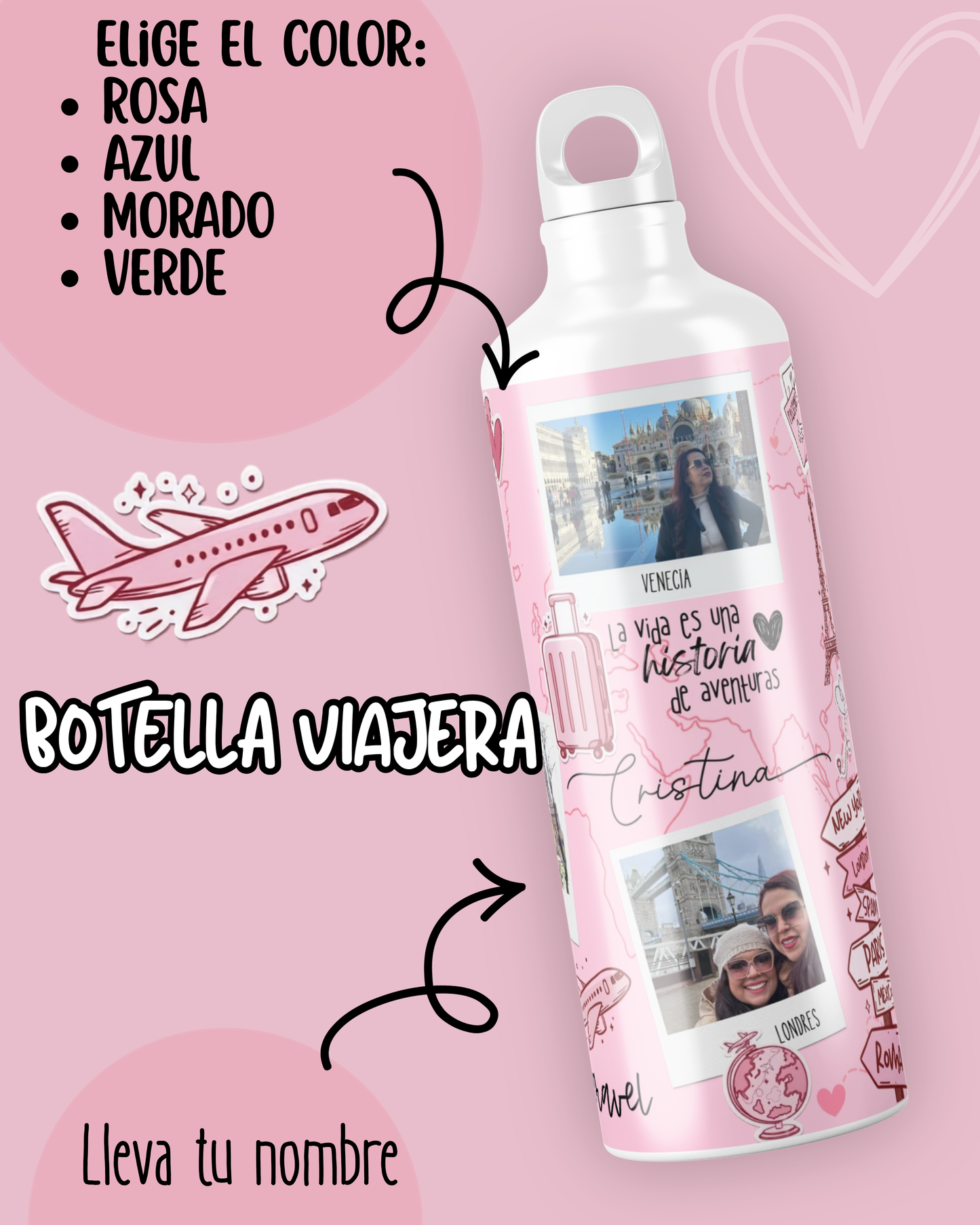 botella viajera personalizada regalo amantes de los viajes viajeros por el mundo personalizado con color nombre fotos de viajes el regalo perfecto para tu espiritu viajero