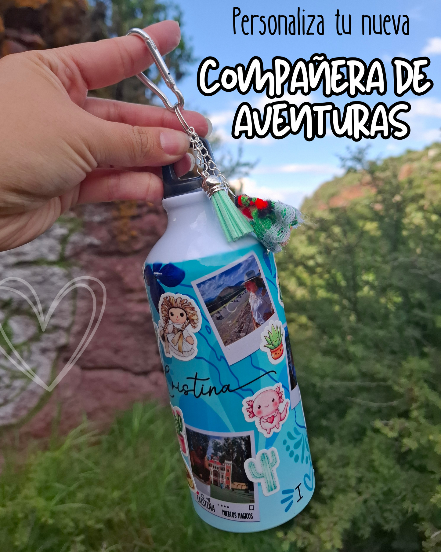 botella de agua viajera ideal para regalar personalizada con fotos de tus viajes por mexico y pueblos magicos ideal para el aire libre tu nueva compañera de viajes y aventuras regalos personalizados regalos creativos  con stickers de mexico mexicanos ajolote muñeca lele suculentas cactus