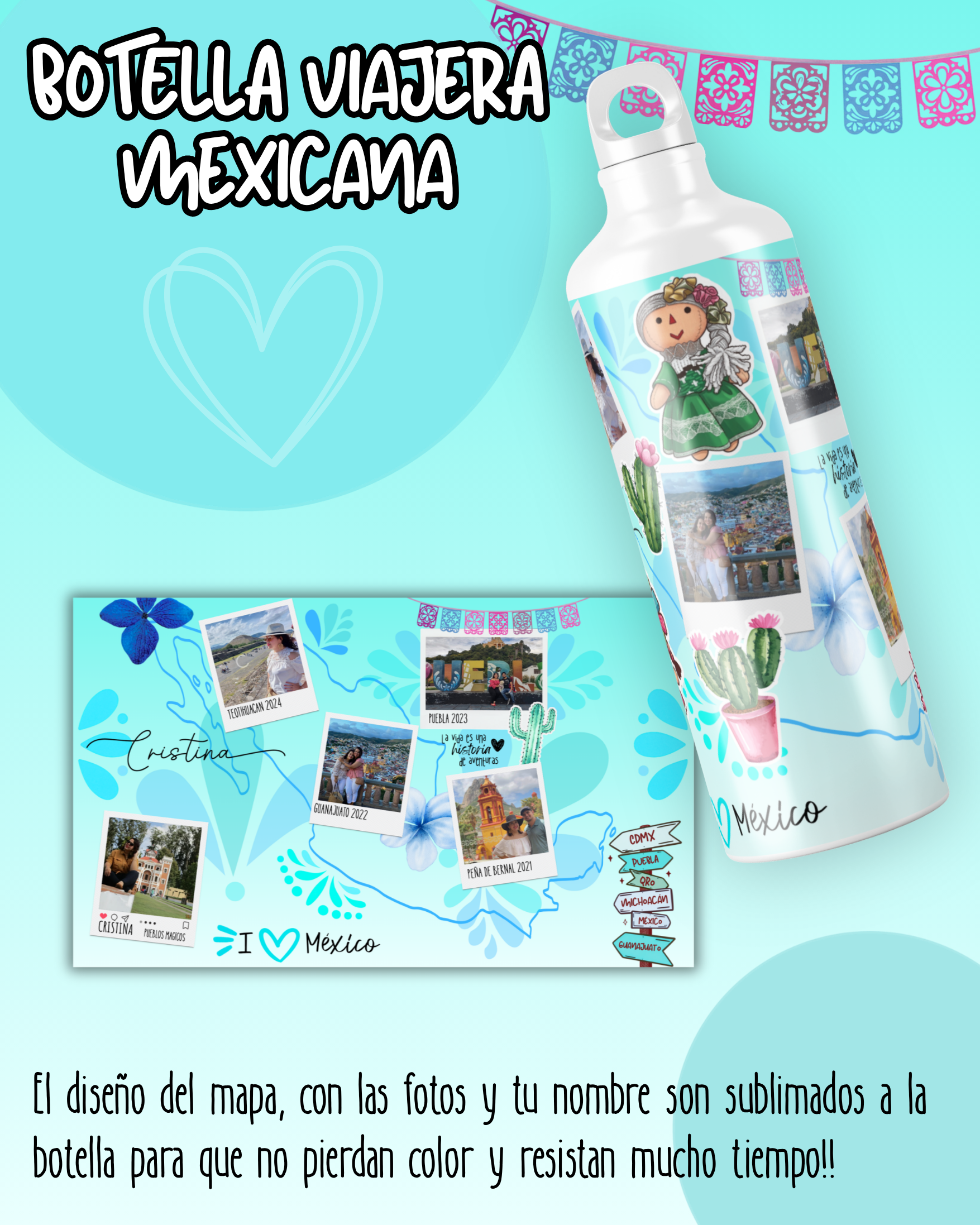botella de agua viajera ideal para regalar personalizada con fotos de tus viajes por mexico y pueblos magicos ideal para el aire libre tu nueva compañera de viajes y aventuras regalos personalizados regalos creativos  con stickers de mexico mexicanos ajolote muñeca lele suculentas cactus