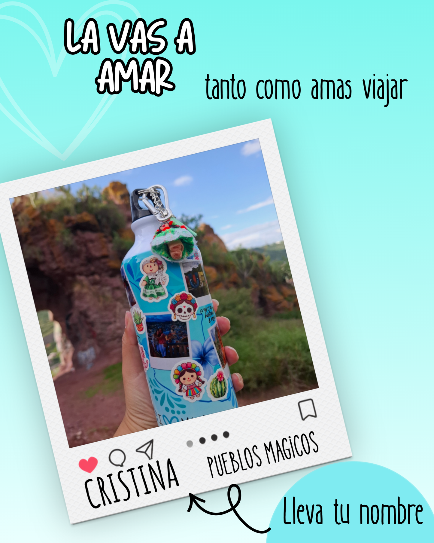 botella de agua viajera ideal para regalar personalizada con fotos de tus viajes por mexico y pueblos magicos ideal para el aire libre tu nueva compañera de viajes y aventuras regalos personalizados regalos creativos  con stickers de mexico mexicanos ajolote muñeca lele suculentas cactus