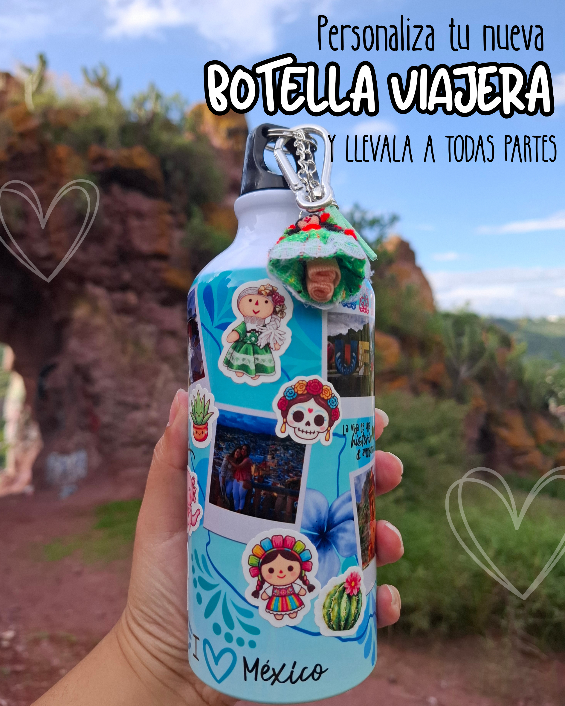 botella de agua viajera ideal para regalar personalizada con fotos de tus viajes por mexico y pueblos magicos ideal para el aire libre tu nueva compañera de viajes y aventuras regalos personalizados regalos creativos 